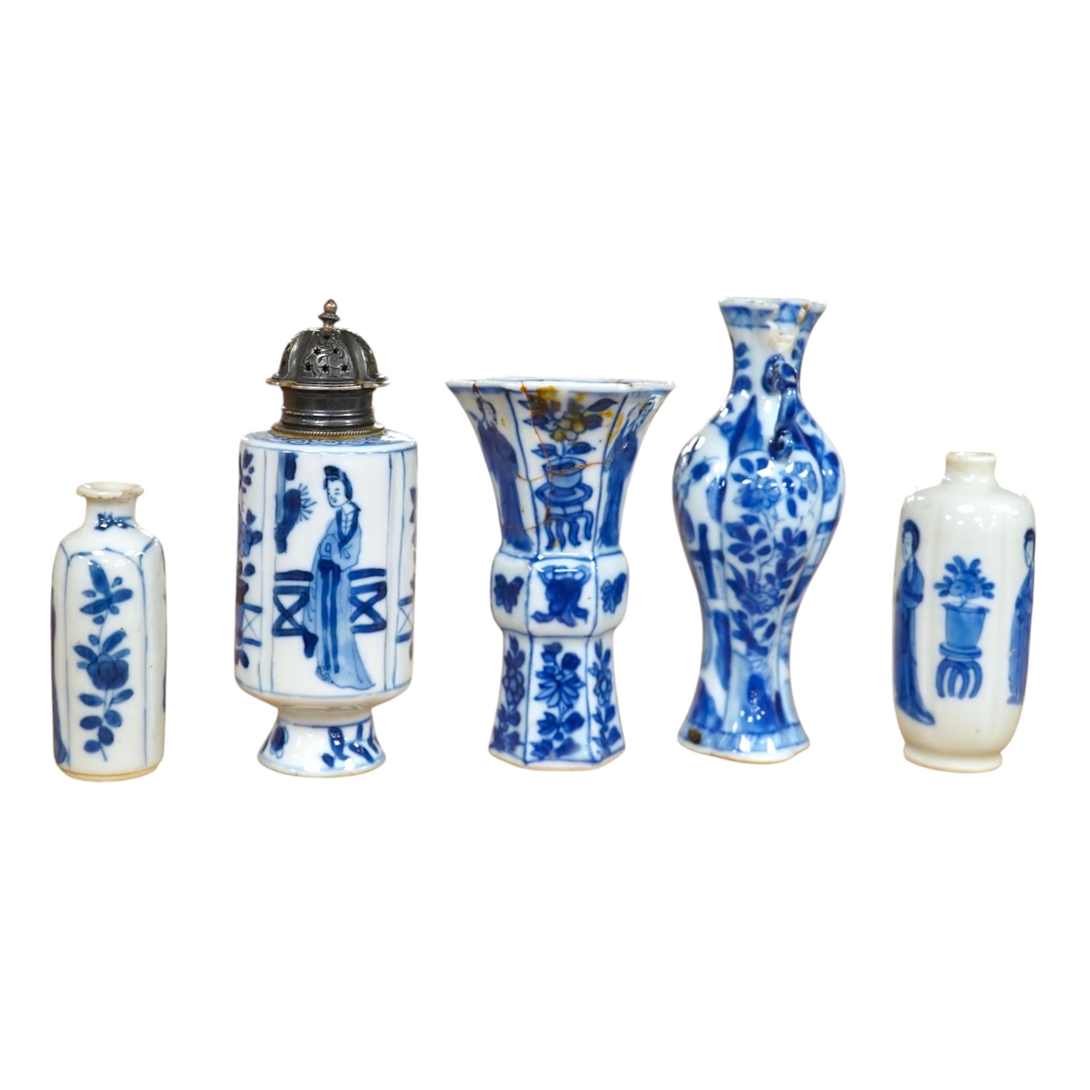 Five Chinese blue and white small vases, Kangxi period, one Dutch silver mounted as a sugar castor, tallest 11cm. Condition - varies